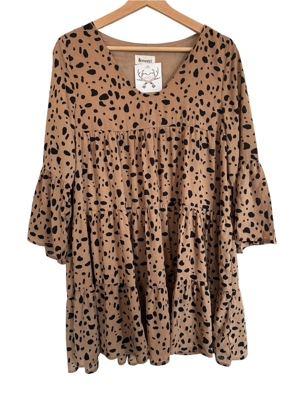 & Merci Leopard Print Tiered Babydoll Mini Dress Leopard 3/4 Bell Sleeve
